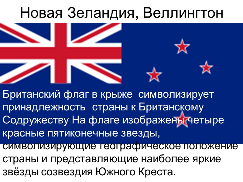 Новая Зеландия, Веллингтон  Британский флаг в крыже  символизирует принадлежность  страны к